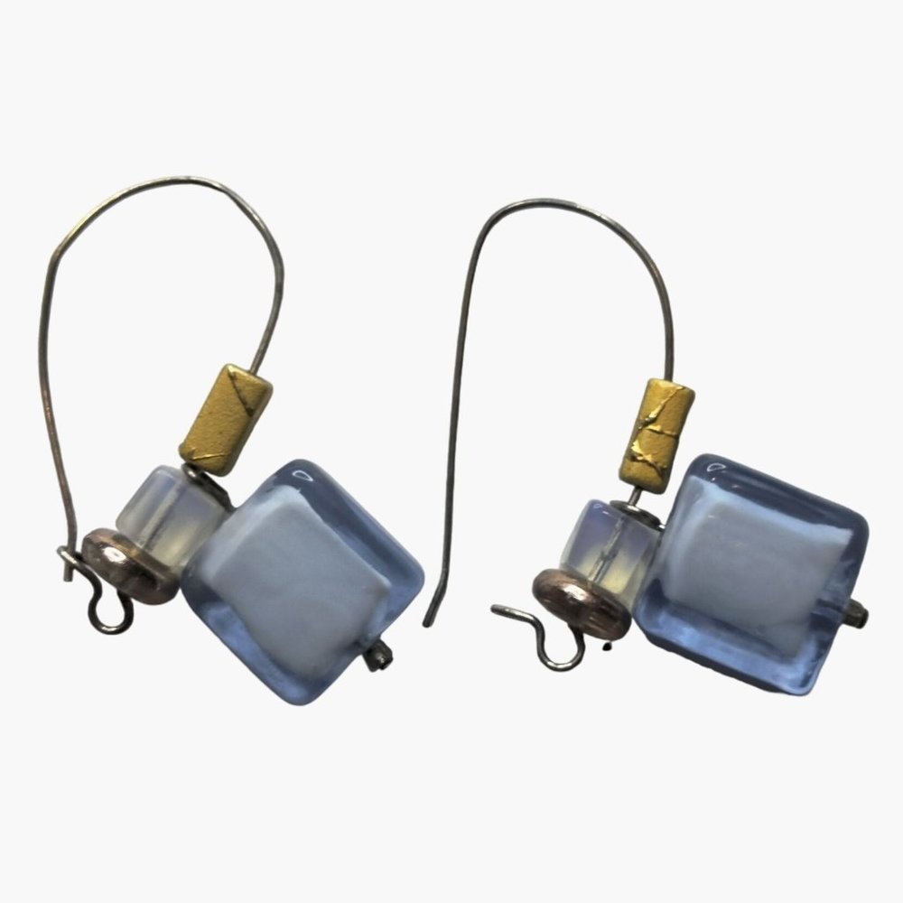 Blue Gold glass Artisan Earrings Hook Drop Dangle Vintage Upcycle  USA